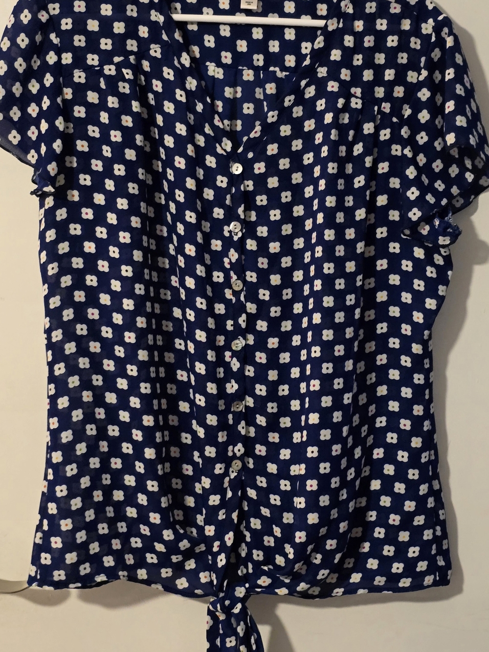 dressbarn Navy Blue Floral Button-Front Tie-Hem Shirt